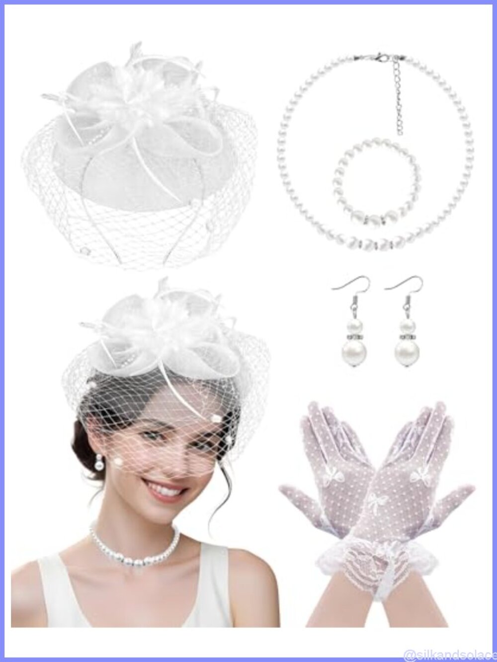 Women's 1920s Vintage Fascinator Hat Set with Lace Gloves Faux Pearl Jewelry